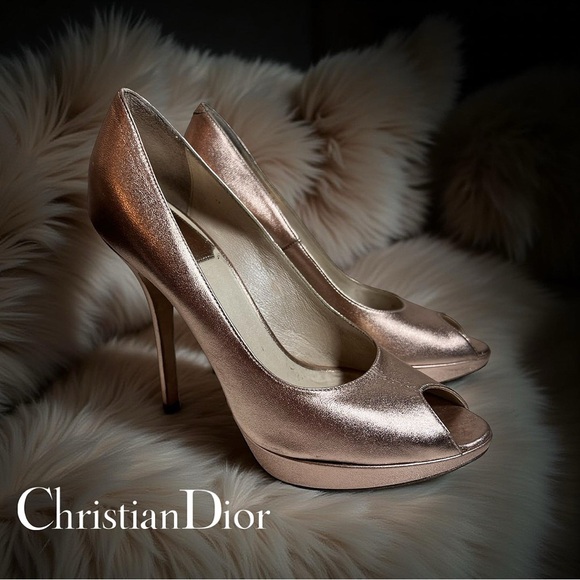 DIOR Vintage Bronze Pink leather peep toe platform pumps High Heels size 6 - Picture 1 of 11